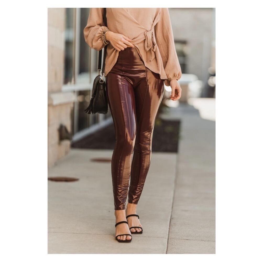 SPANX Shape Faux Patent Leather Vegan Leggings Pants Ruby Red NWT - Picture 6 of 15